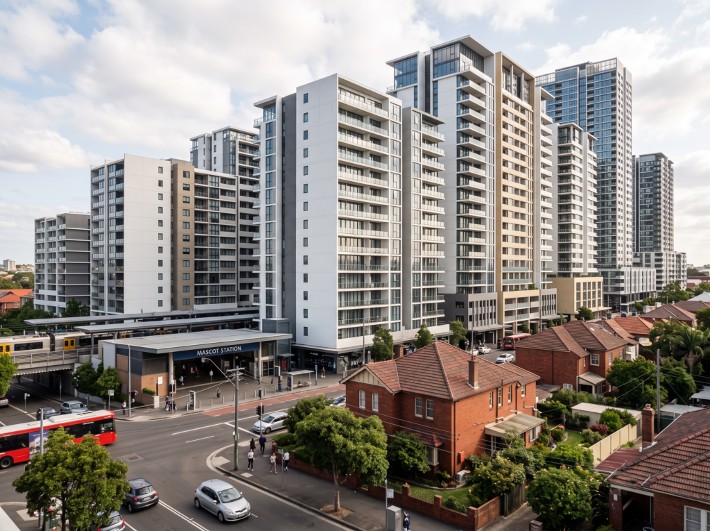 Dense modern apartment towers around Mascot station with clean rendered facades