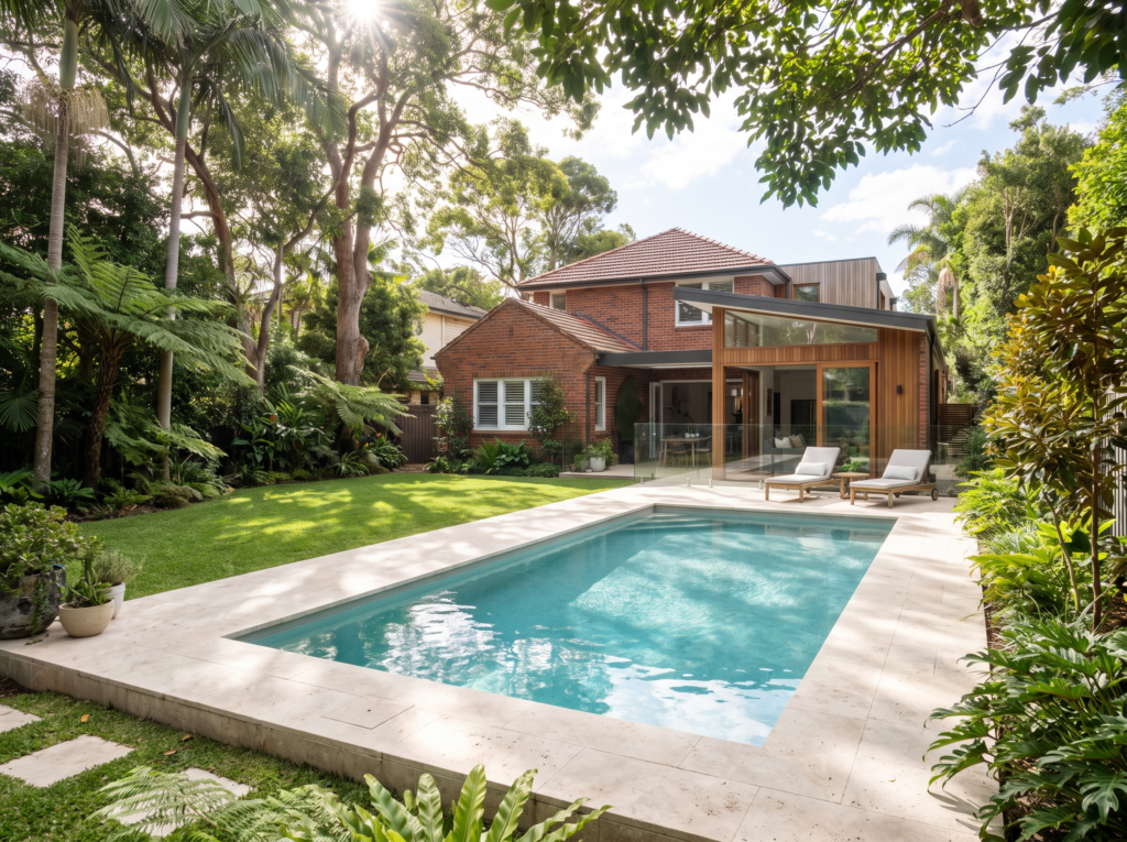 Renovated brick family home with pool and clean travertine surround in Mona Vale