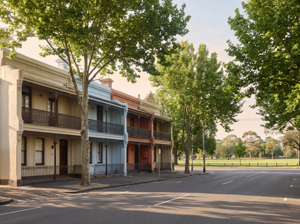 Victorian terrace row with clean painted facades and iron lacework facing Moore Park