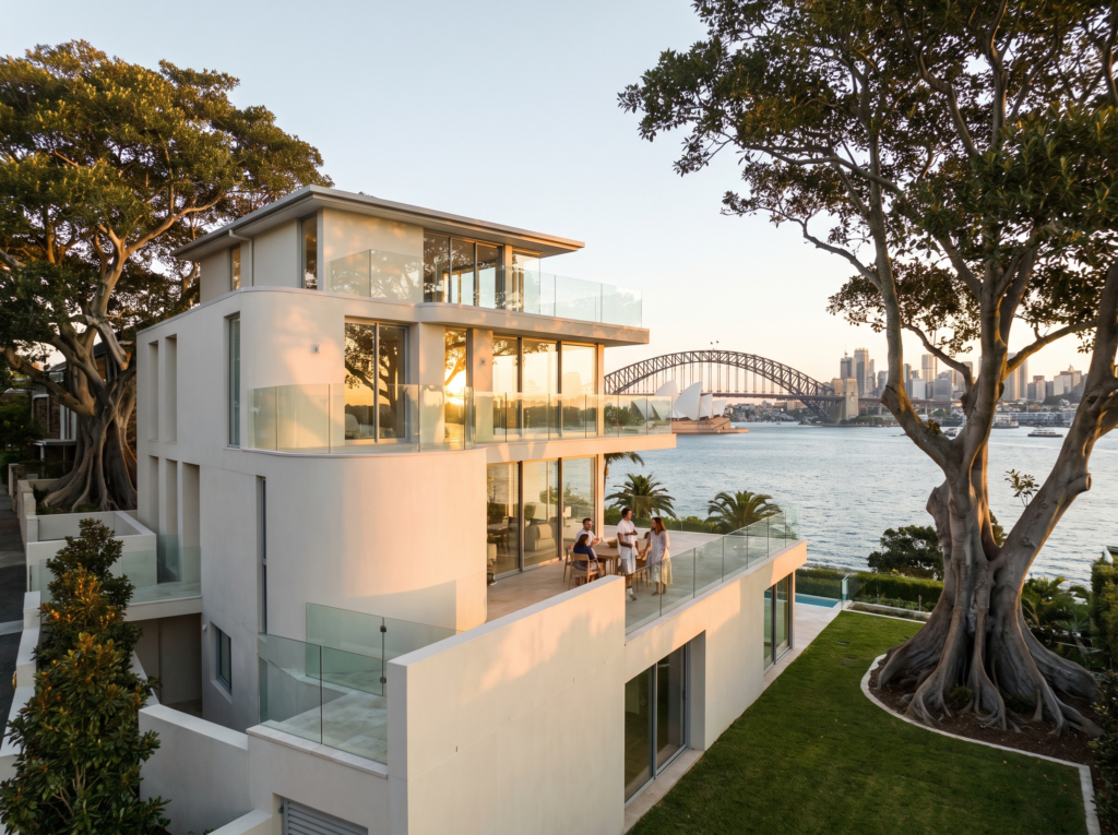 Grand harbourside home above Balmoral in Mosman with clean render and glass balustrades