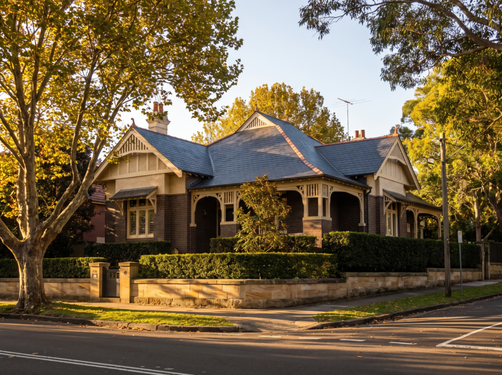Grand Federation home in Mosman with roughcast gables, fretwork and slate roof freshly cleaned