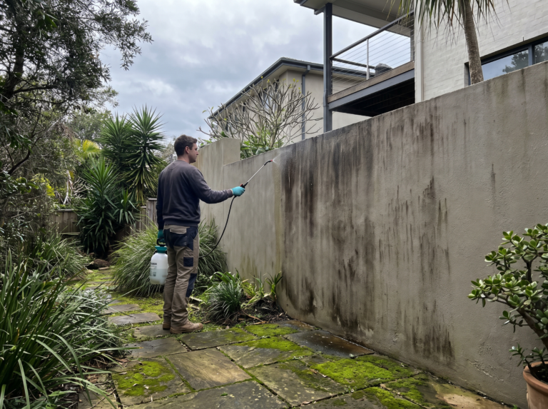 Black mould streaks on a shaded rendered wall being treated with biocide spray