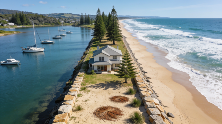 A coastal home on a narrow strip of land with a calm bay and moored boats on one side and surf beach on the other