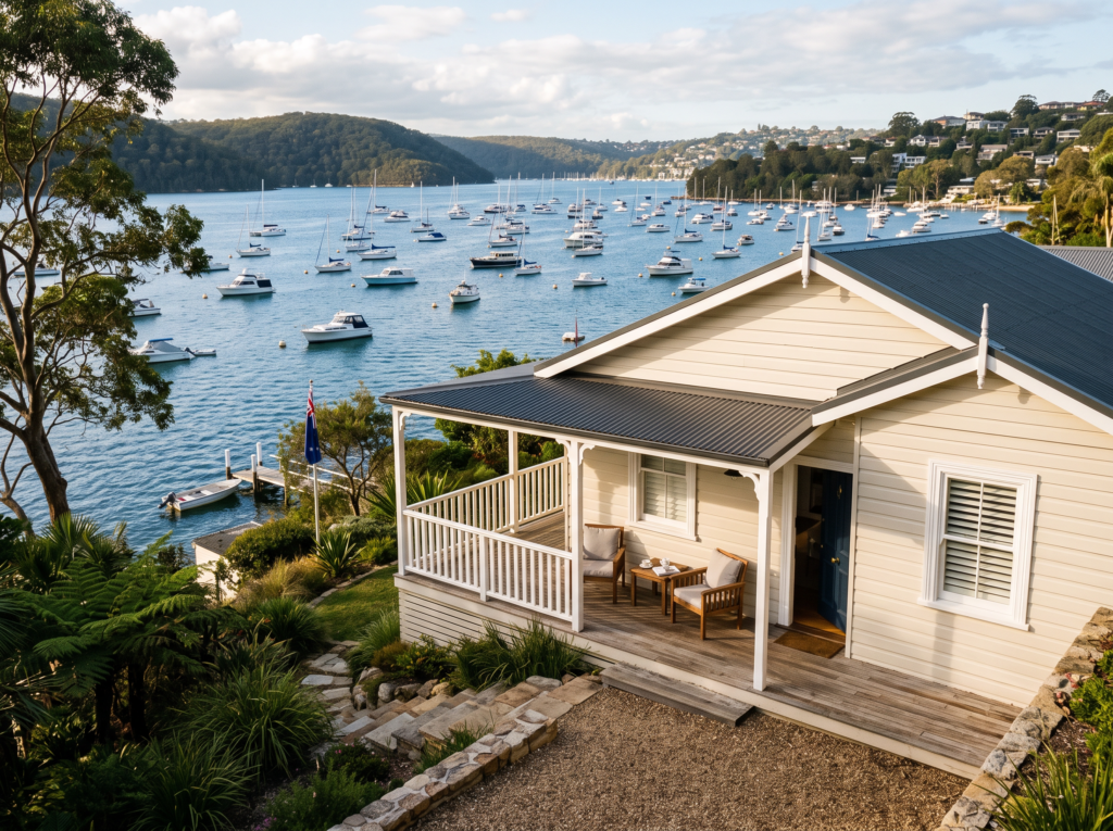 Weatherboard beach house with freshly washed painted timber in Newport, Pittwater beyond