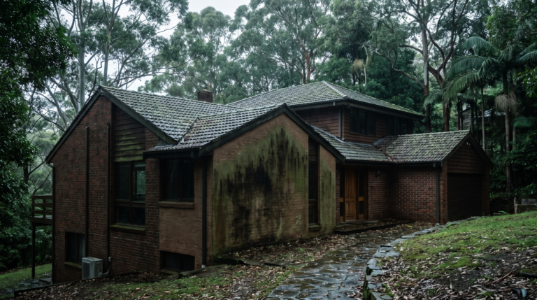 Upper North Shore home in deep shade beneath a dense tree canopy, with green algae and dark mould on the rendered southern wall and lichen on the roof tiles