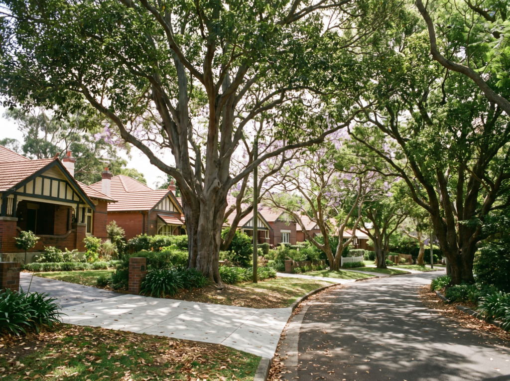 Leafy North Shore street with Federation homes under mature gum and jacaranda canopy