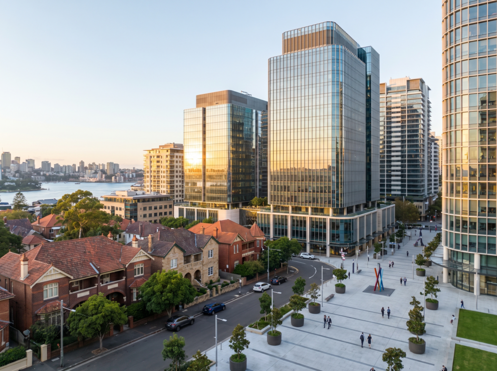 North Sydney office towers with clean plaza forecourts and Waverton Federation homes in the foreground