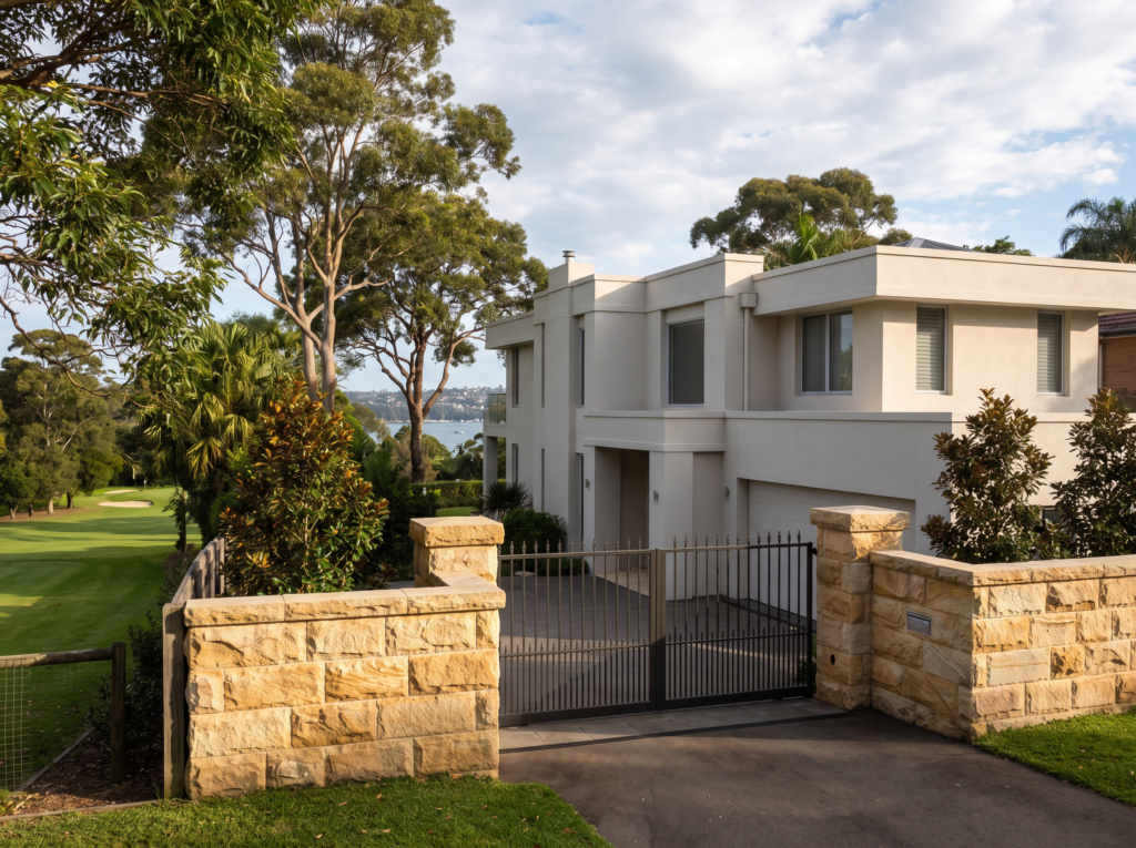 Prestige home with golden sandstone garden walls and gateposts in Northbridge near the golf course