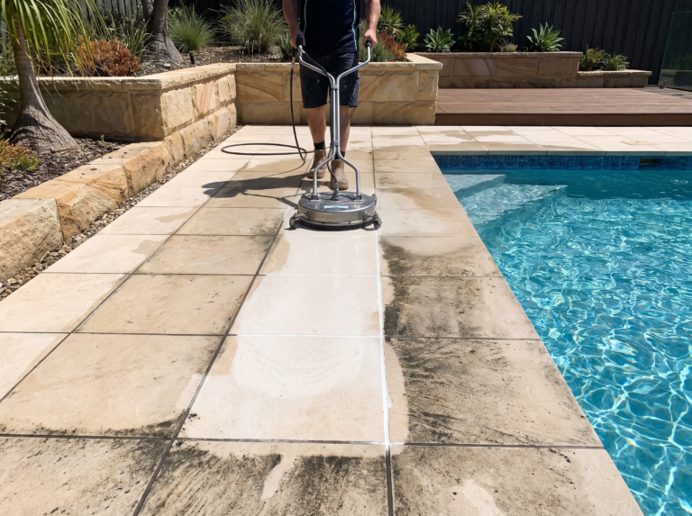 Outdoor porcelain tiles and grout being deep cleaned beside a pool, black grout turning white