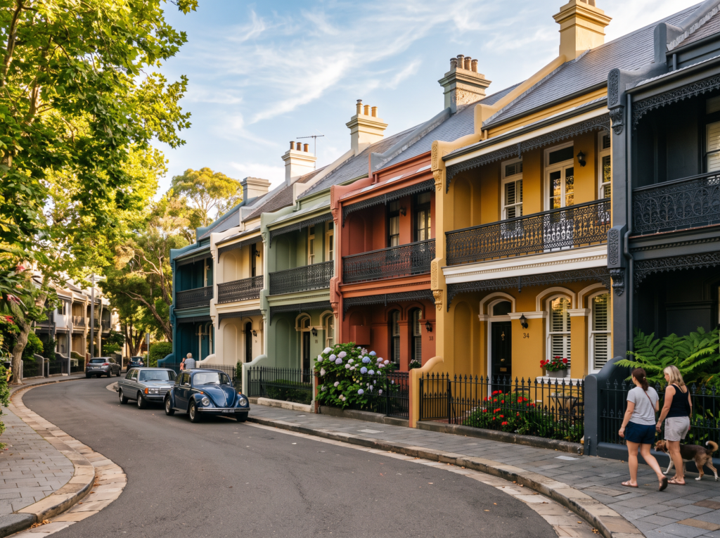 Victorian terrace houses in Paddington with cast iron lacework and clean painted facades