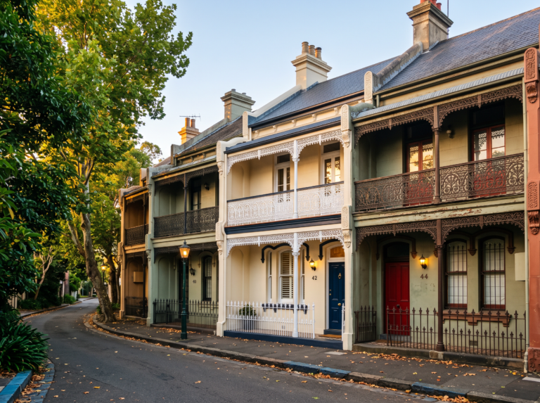 Victorian heritage terraces in Paddington with cast iron lacework, one facade freshly cleaned