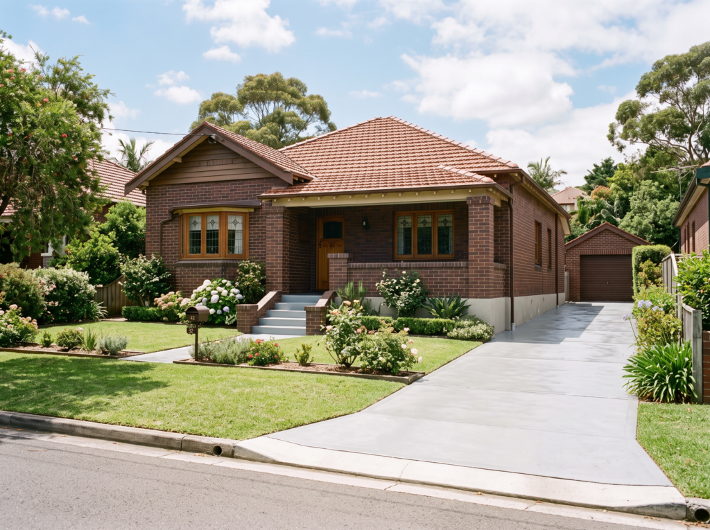 Interwar brick family home with freshly cleaned concrete driveway in Pagewood