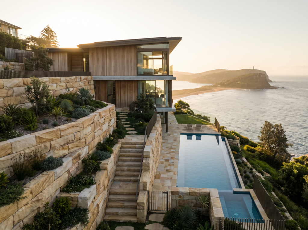 Prestige Palm Beach hillside home with sandstone terracing, pool and Barrenjoey view