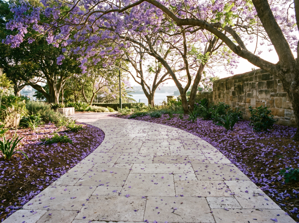 Travertine garden path with clean preserved joints under jacaranda trees in Darling Point