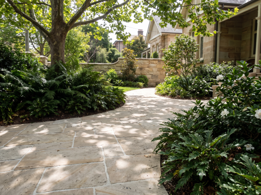 Pale limestone pavers with clean preserved joints on a Double Bay garden path