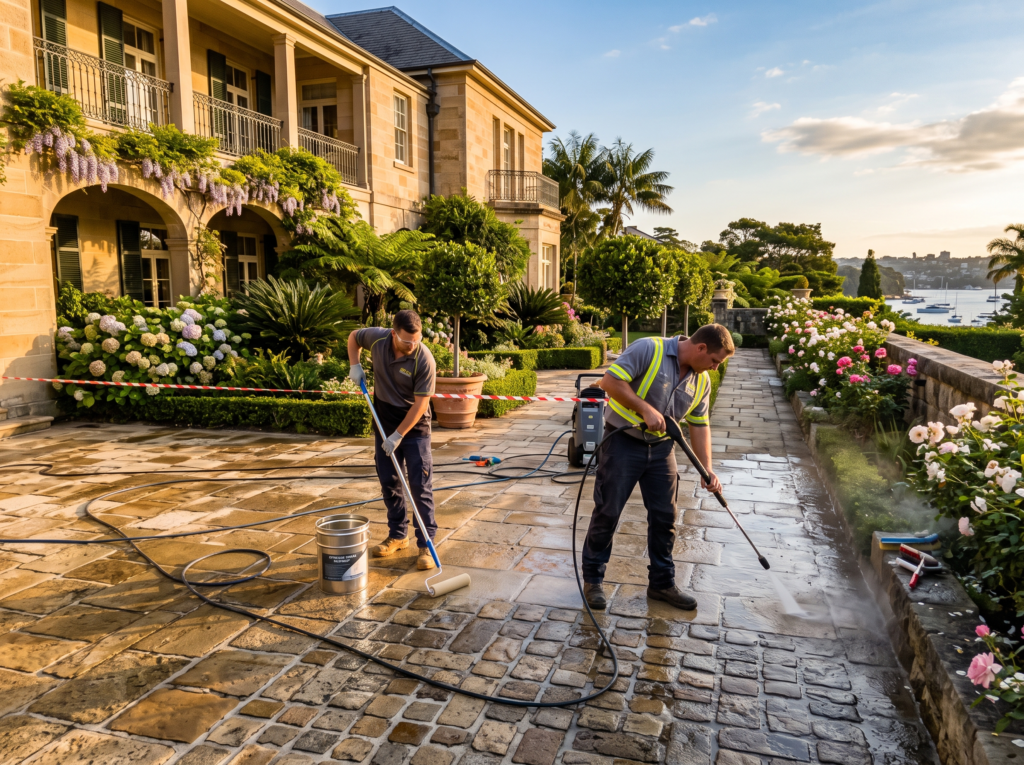 Clean granite sett courtyard with preserved jointing at a Point Piper home