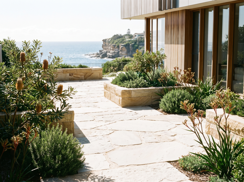 Limestone paved coastal courtyard with clean preserved sand joints at a Vaucluse home