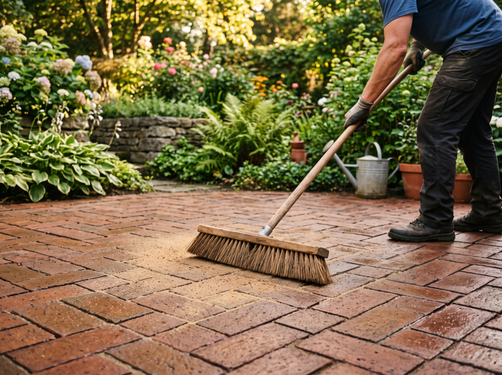 Polymeric sand being swept into clean brick paver joints after cleaning