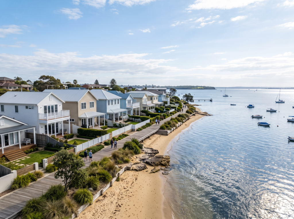Bay-side homes facing Botany Bay at Phillip Bay with clean render and weatherboard