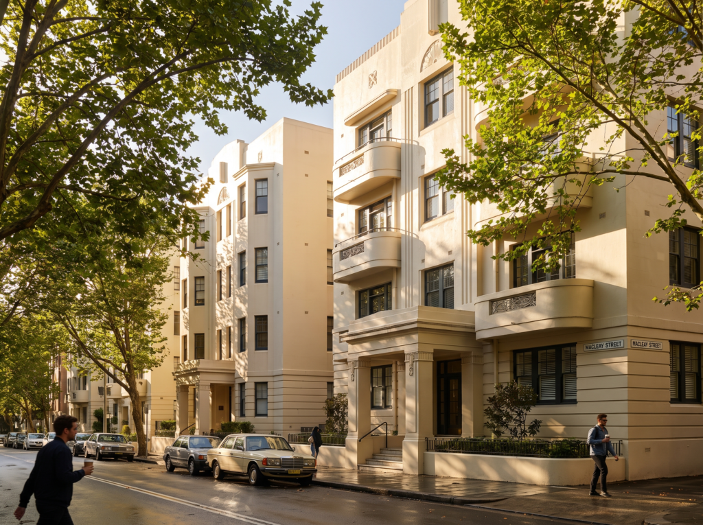 Art deco apartment buildings with freshly washed cream facades along Potts Point street