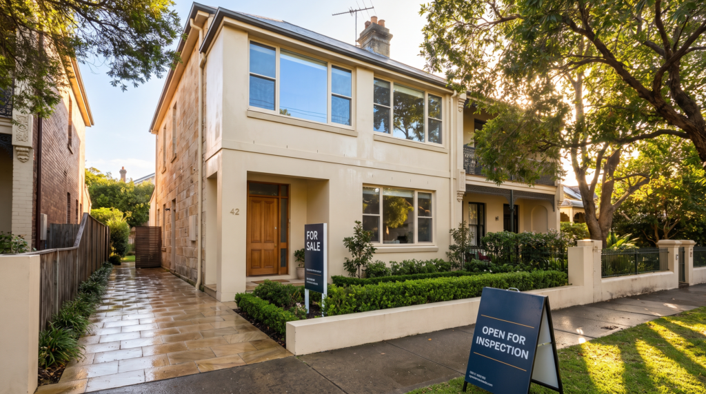 Freshly cleaned Sydney home exterior prepared for sale with washed render, clean windows and spotless path