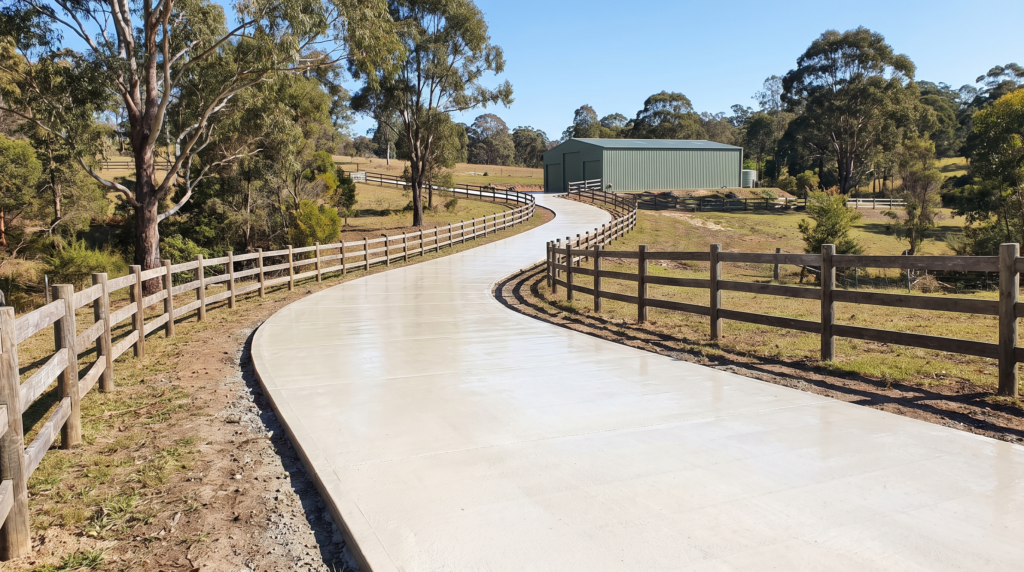 Long clean concrete driveway on a Hills District acreage property with Colorbond shed and gum trees