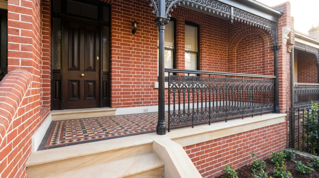 Clean tessellated tile verandah and sandstone steps on an Inner West Sydney terrace house