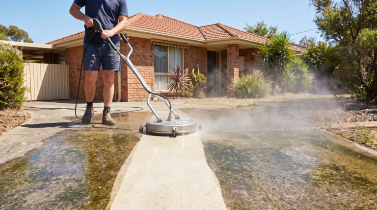 Concrete driveway being pressure washed showing clean stripe against grimy concrete at a Sydney home
