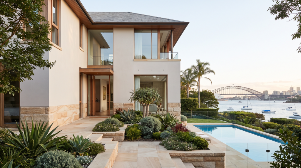 Sydney harbourside home with pale rendered facade and sandstone base course