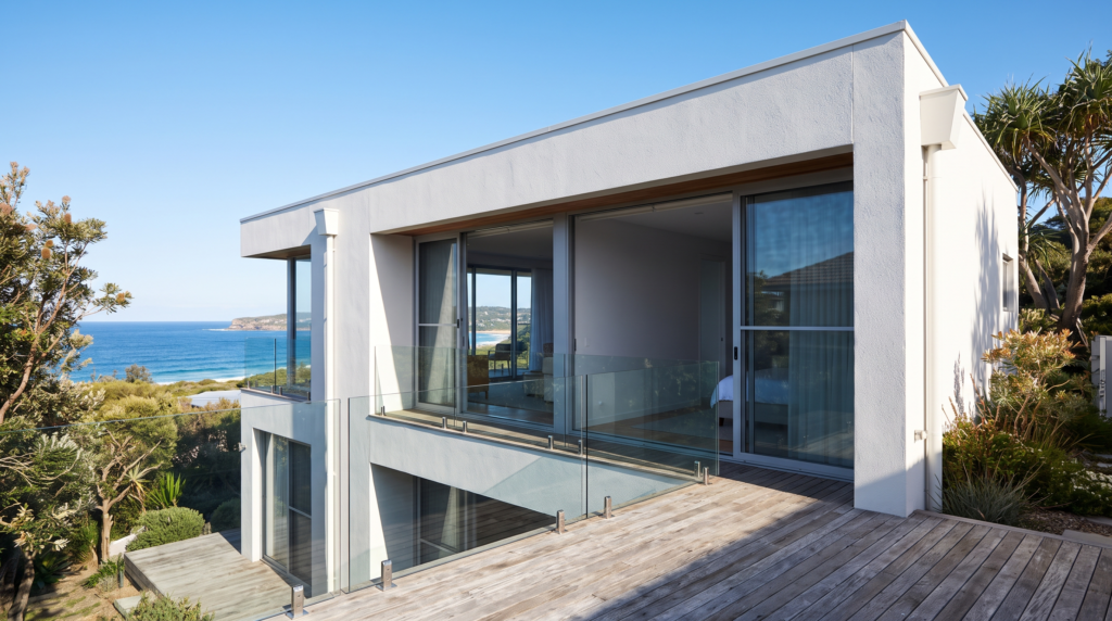 Modern Northern Beaches coastal home with rendered walls, glass balustrade and timber deck