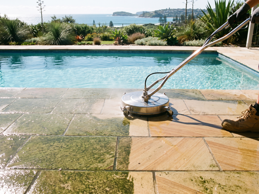 Surface cleaner pressure washing a paved pool surround with clean line between filmed and clean pavers
