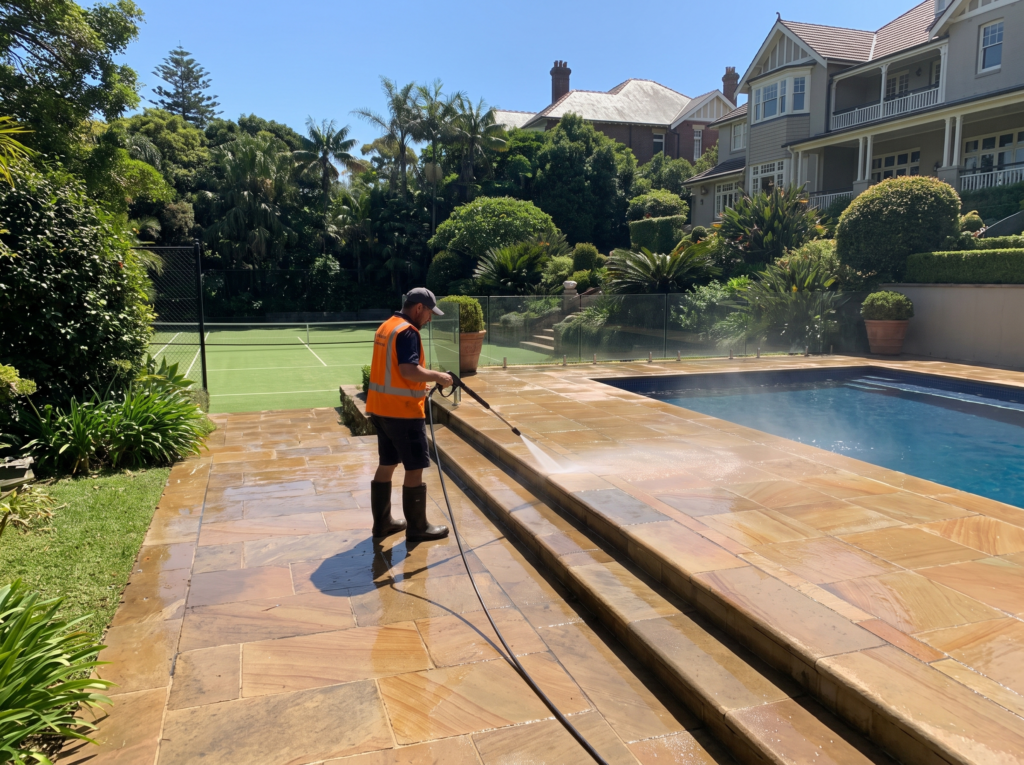 Pressure cleaning a stone path and pool surround at a large Bellevue Hill property