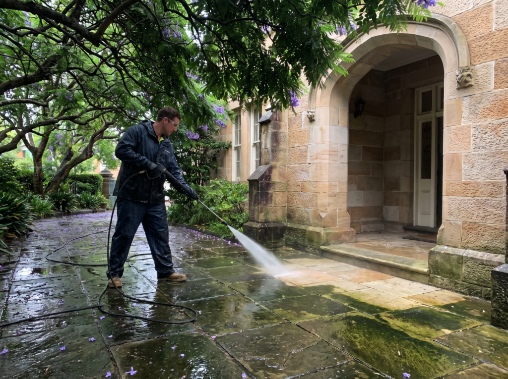Pressure cleaning a shaded stone path and building entry in Darling Point