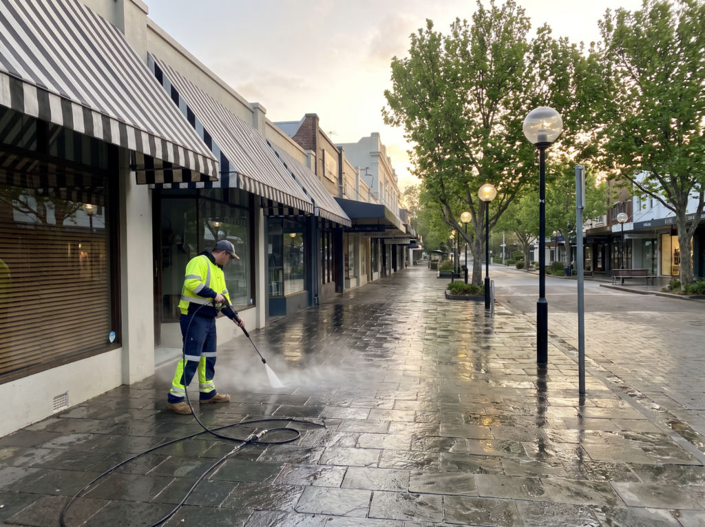 Early morning pressure cleaning of a cafe footpath in the Double Bay village