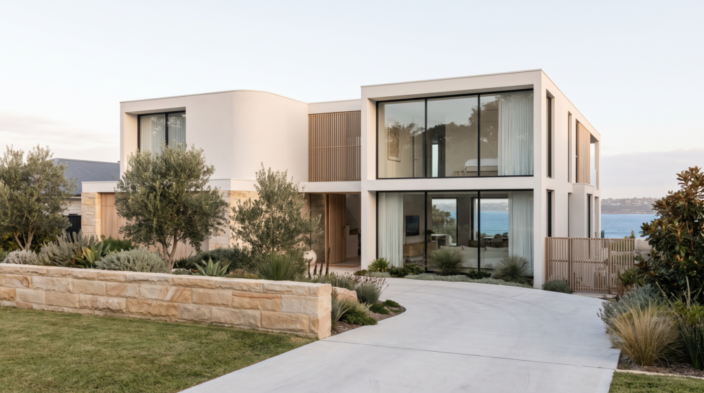 Contemporary rendered home with a sandstone retaining wall and pale concrete driveway in Sydney's eastern suburbs