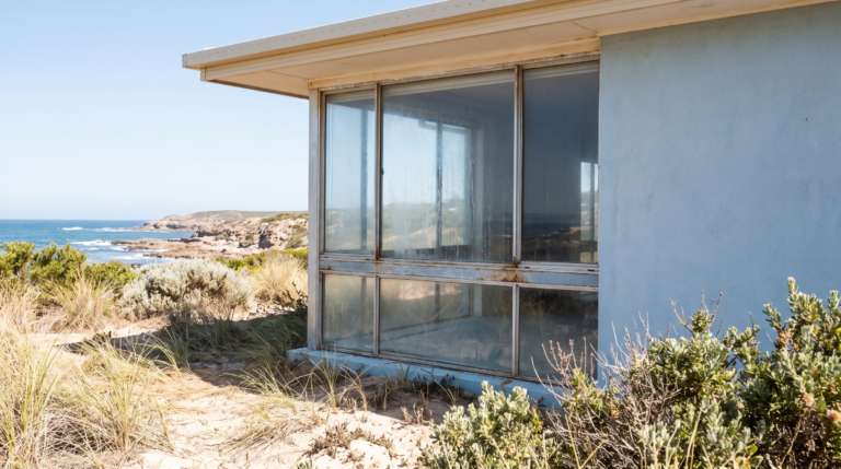 Salt film on glass and aluminium window frames of a Freshwater beachside home