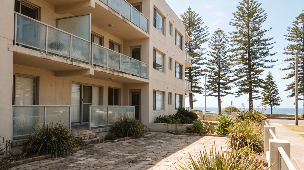 Rendered apartment facade with salt-hazed glass balustrade near Manly beach