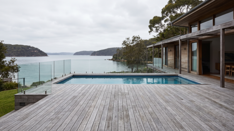Weathered grey timber deck beside a pool at a Newport waterfront property