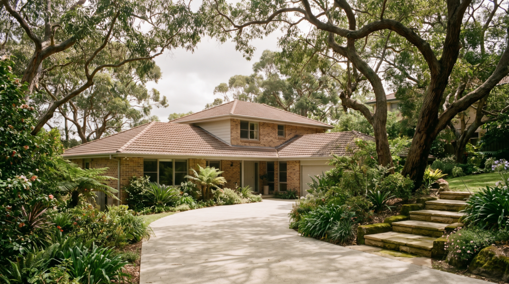 Established north shore Sydney home with a long concrete driveway beneath mature eucalyptus canopy