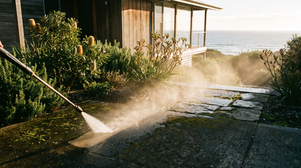 Pressure washing a stone path beside a Palm Beach coastal home