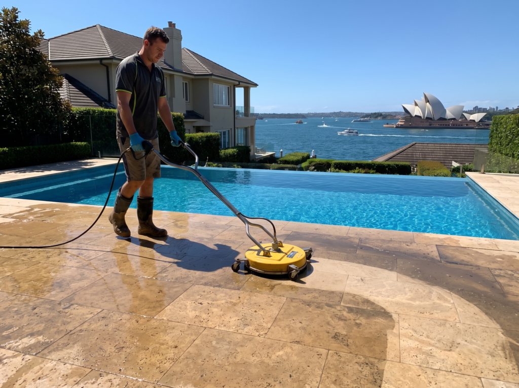 Pressure washing a stone terrace at a Point Piper harbourfront estate