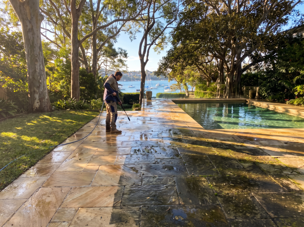 Pressure cleaning a garden path and pool surround at a Rose Bay home