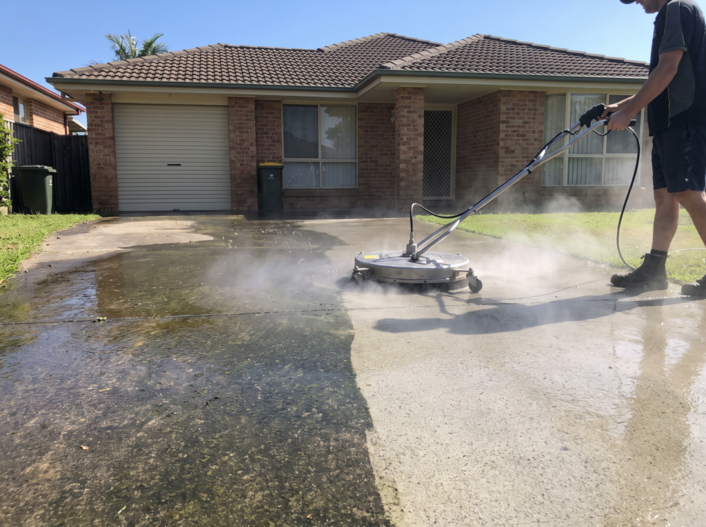 Rotary surface cleaner pressure washing a driveway with a clean line between dirty and clean halves