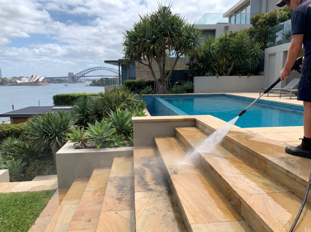 Pressure cleaning a stepped stone path beside a pool at a steep Vaucluse property