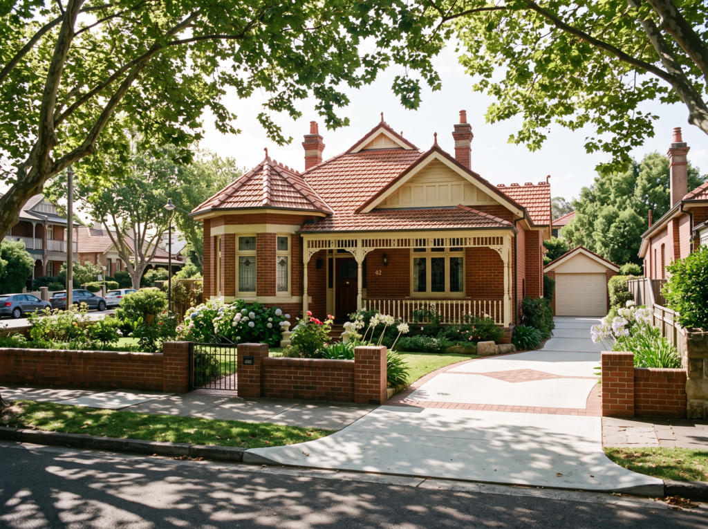 Federation house in Randwick with face brick, tiled verandah and terracotta roof under plane trees