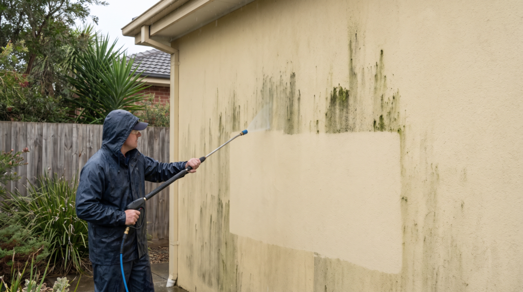Green mould and algae being soft washed off a rendered exterior wall of an Australian home