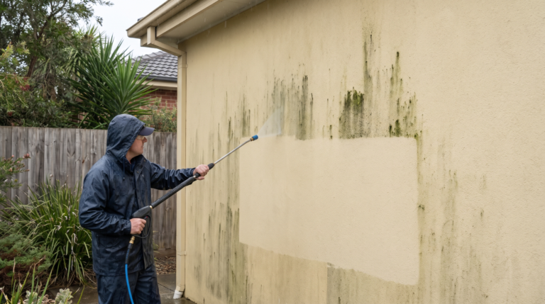 Green mould and algae being soft washed off a rendered exterior wall of an Australian home