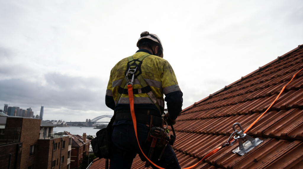 Tradesperson in harness and helmet on a terracotta tile roof in Sydney with safety line attached