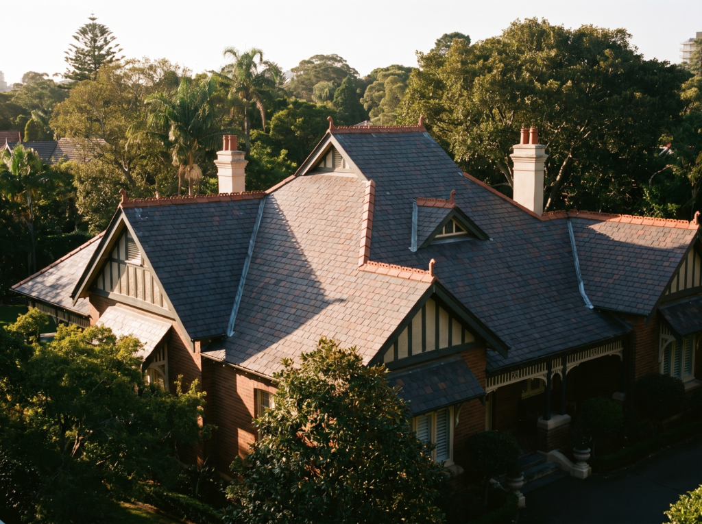 Slate and terracotta roof of a Bellevue Hill Federation estate freshly cleaned of moss