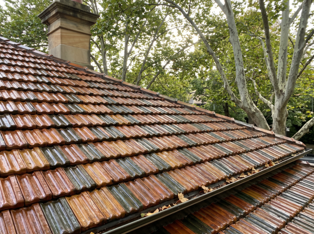 Glazed terracotta roof of a heritage Double Bay home freshly cleaned of moss